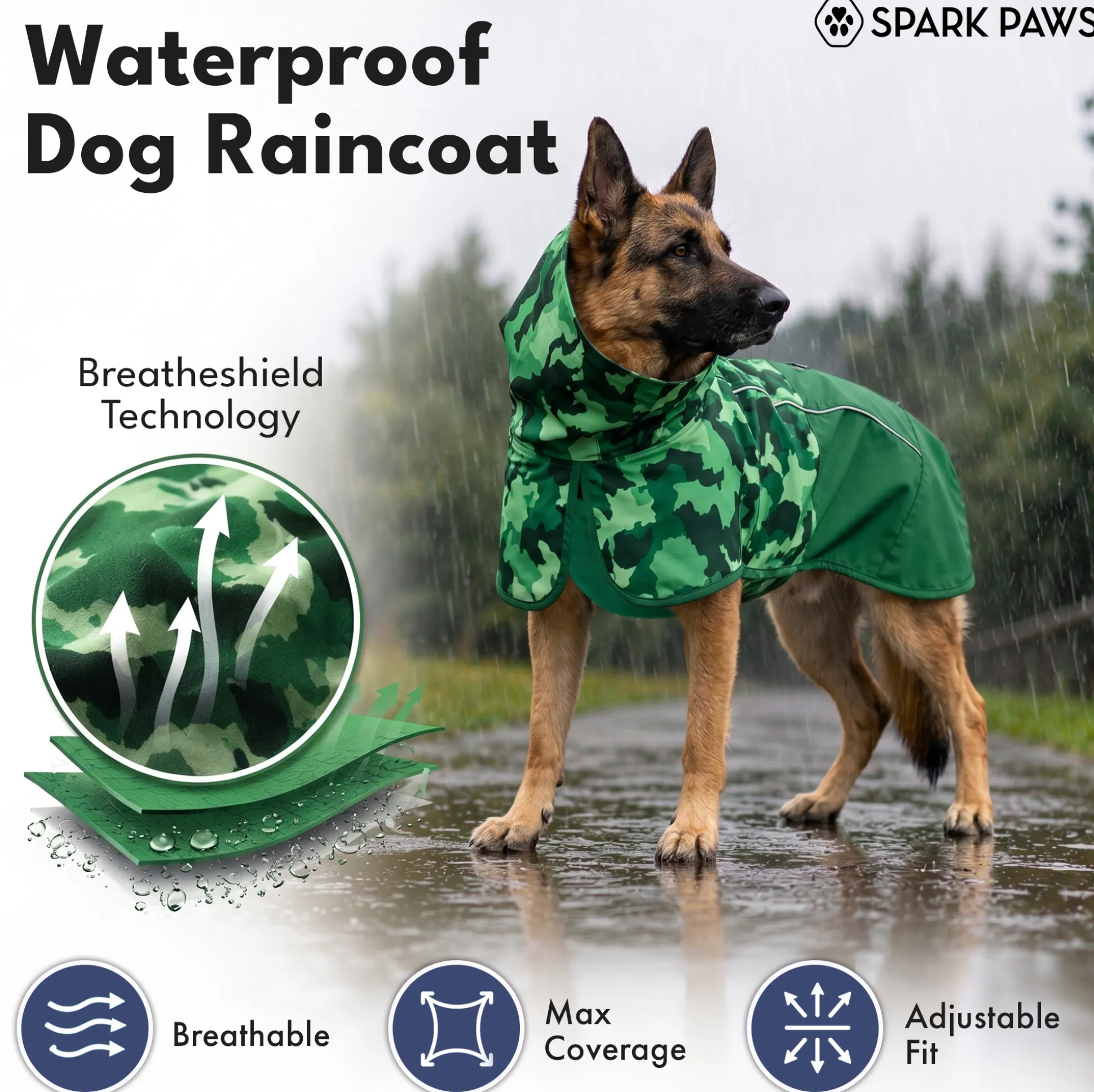 Breatheshield™ Dog Raincoat - Camo Green