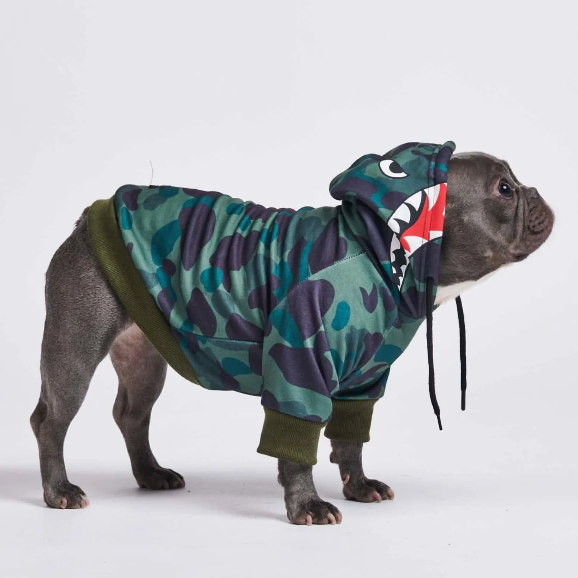 Shark Monster Dog Hoodie - Green Camo